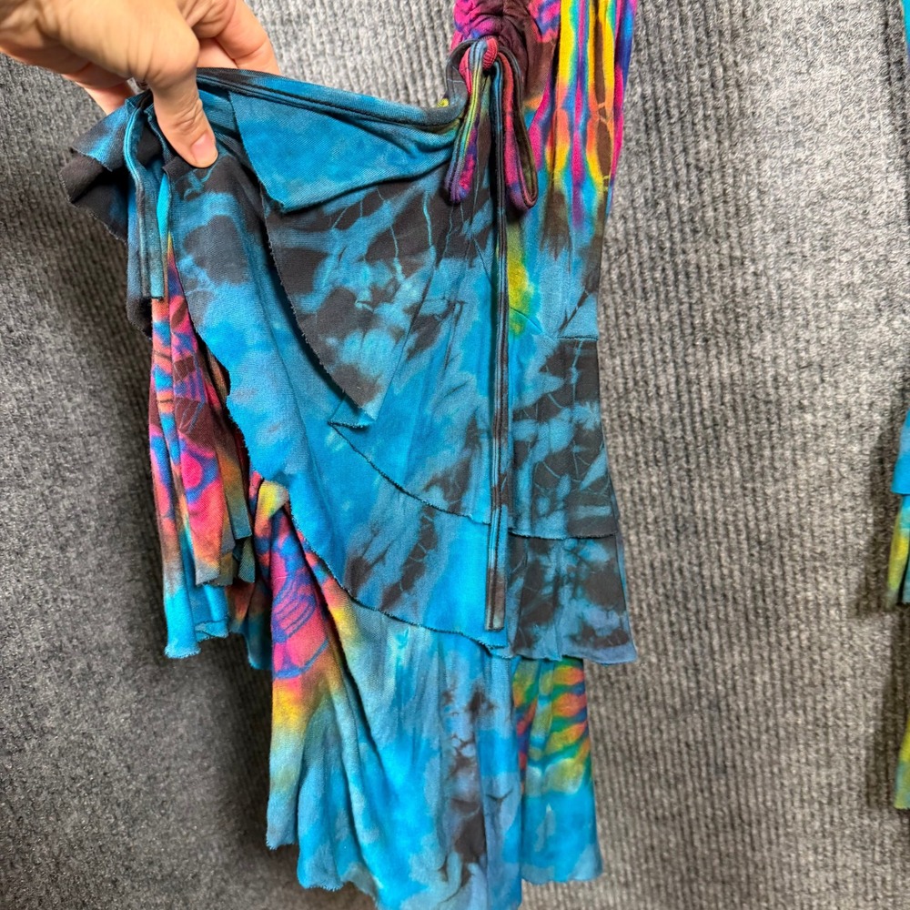 Clearay Tie Dye Ruffle Flare Pants Women L/XL Blue Multi Boho Bell Hippie Retro - Picture 3 of 10